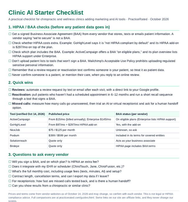 Preview of the 1-page Clinic AI Starter Checklist PDF